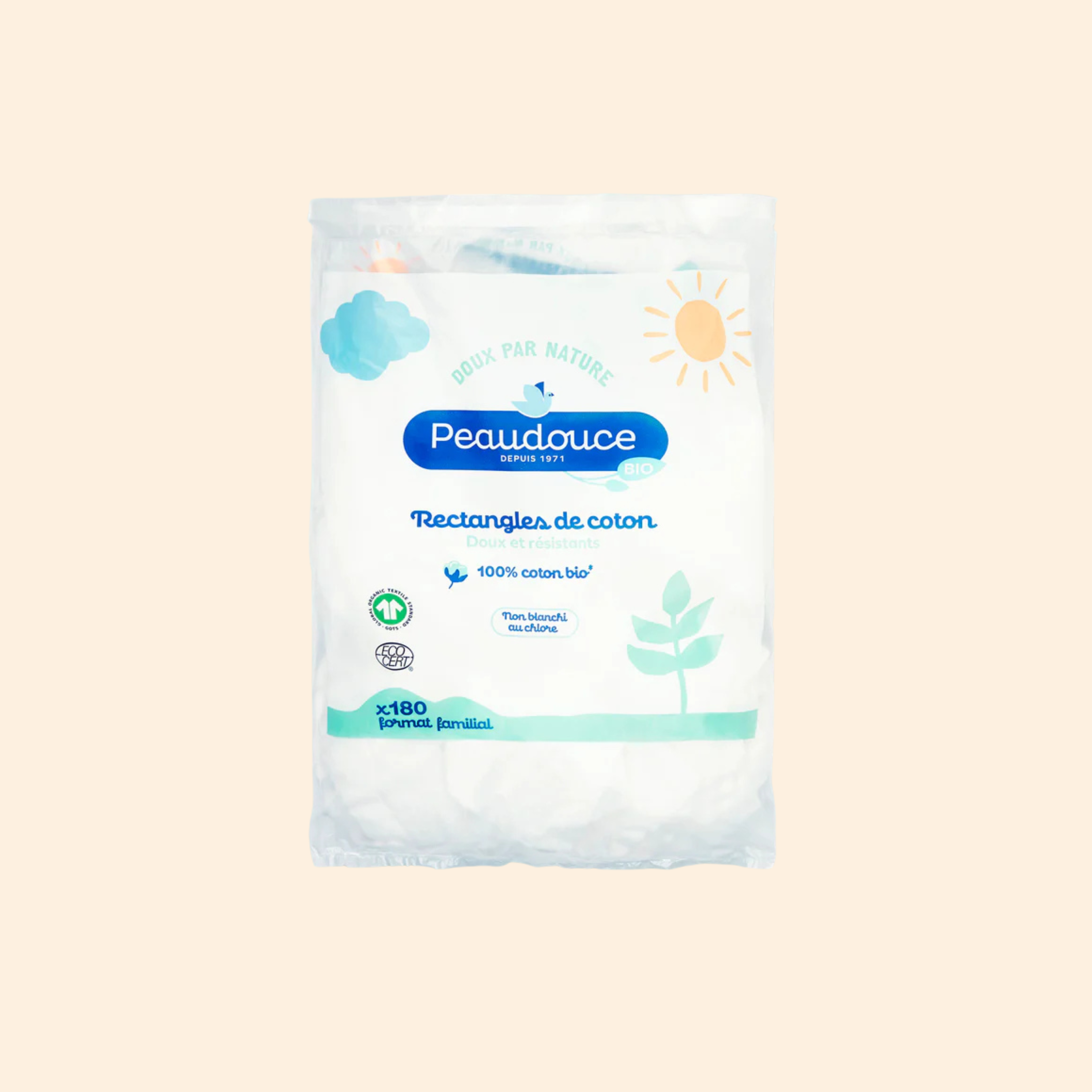 Sachet de 180 rectangles de coton bio ultra-doux Peaudouce